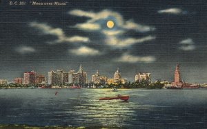 Vintage Postcard Moon Over Miami Ocean View Building On Background Florida Fla.