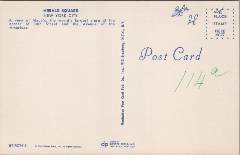 USA New York City Herald Square Vintage Postcard B149