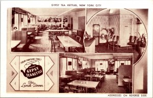 Adv Postcard NY New York City Gypsy Tea Kettles Restaurant Multiview 1950s V189