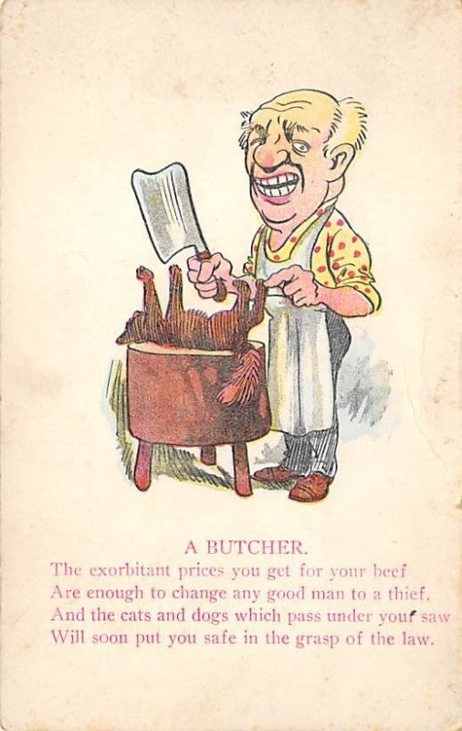 A Butcher with a Cat Cartoon Occupation, Butcher Writing on Back 