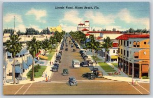 Miami Beach Florida~Birds Eye View On Busy Lincoln Road~Vintage Linen Postcard