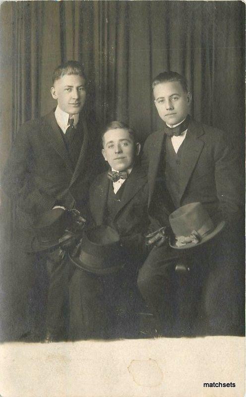 C-1910 Three Well Dressed Young men top hats RPPC Real photo 2079