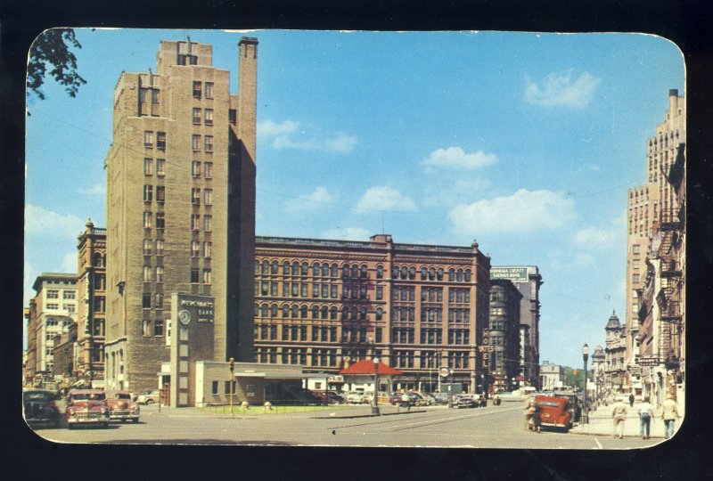 Syracuse, New York/NY Postcard, Yates Hotel/Hills Bldg/Merchants Bank, Old Cars