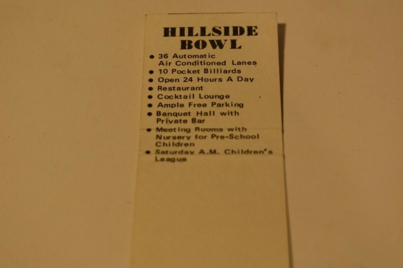 Hillside Bowl Restaurant Bowling Illinois 20 Strike Matchbook Cover