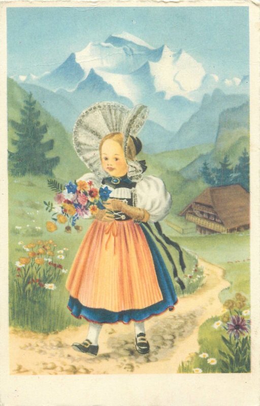 Postcard young girl ethnic type illustration countryside folk outfit