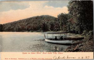 Scene on Iowa River near Iowa City, IA Boat with Canopy Vintage Postcard O26