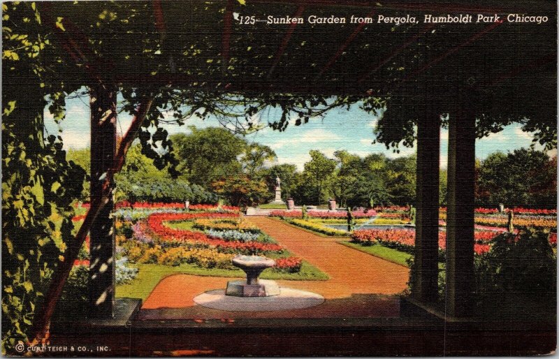 Sunken Garden Pergola Humboldt Park Chicago IL Illinois Linen Postcard VTG UNP 