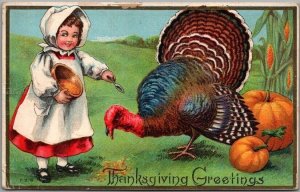 1910s THANKSGIVING Embossed Postcard Girl Feeds Turkey Before She Kills Him 