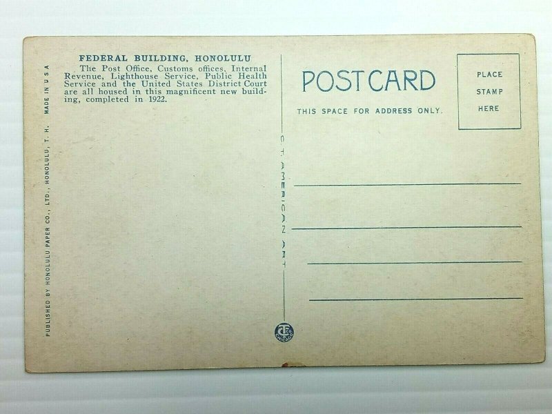 Vintage Postcard Federal Building Honolulu Hawaii Post, IRS & Customs Office