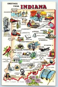 c1950's Greetings From Indiana IN Hoosier Detailed Map Correspondence Postcard