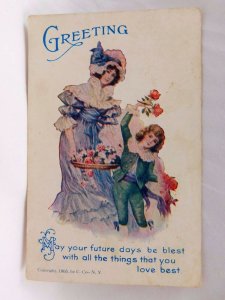 Vintage Greetings Post Card Lovely Lady & Child Roses Adorable P24