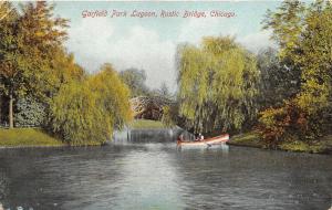 Chicago Illinois~Garfield Park Lagoon~Men in boat by Rustic Bridge~c1910 Pc