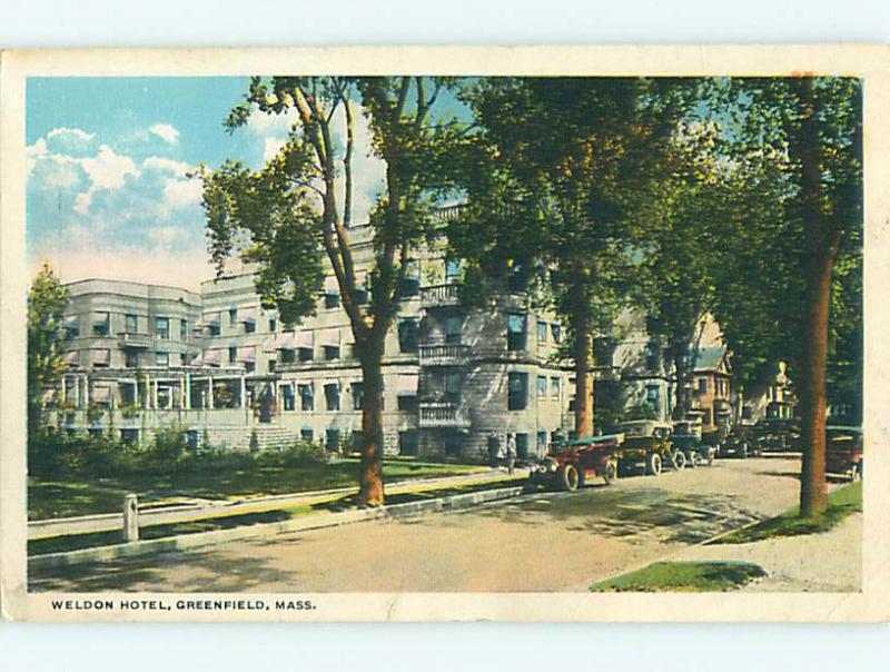 Unused W-Border OLD CARS & WELDON HOTEL Greenfield Massachusetts MA u9229