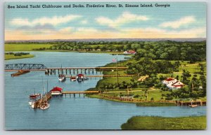 St Simons Island GA~Sea Island Yacht Clubhouse & Docks~Vintage Linen Postcard