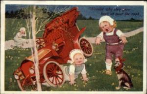 Babies Crash Old Car Dog Comic c1910 Postcard