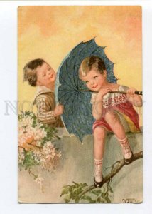 262612 Kids w/ UMBRELLA on fence by FIALKOWSKA Vintage PC