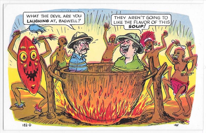 Vintage Comic Postcard Natives Cannibals Roasting Explorers Flavor Of Soup