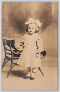 RPPC Lewiston Maine Adorable Girl Big Hair Bow Studio Portrait Postcard E23