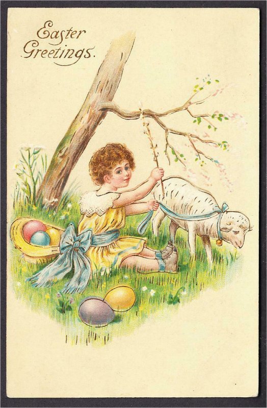 Easter Postcard Girl with Sheep and Eggs in Hat Under Tree Gold Ink 1908