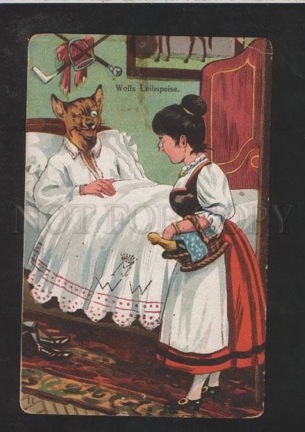 072242 Dressed WOLF in Bed & Young Lady Vintage PC