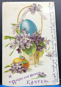 Easter Greeting Basket Purple Flowers 1907 Antique Postcard