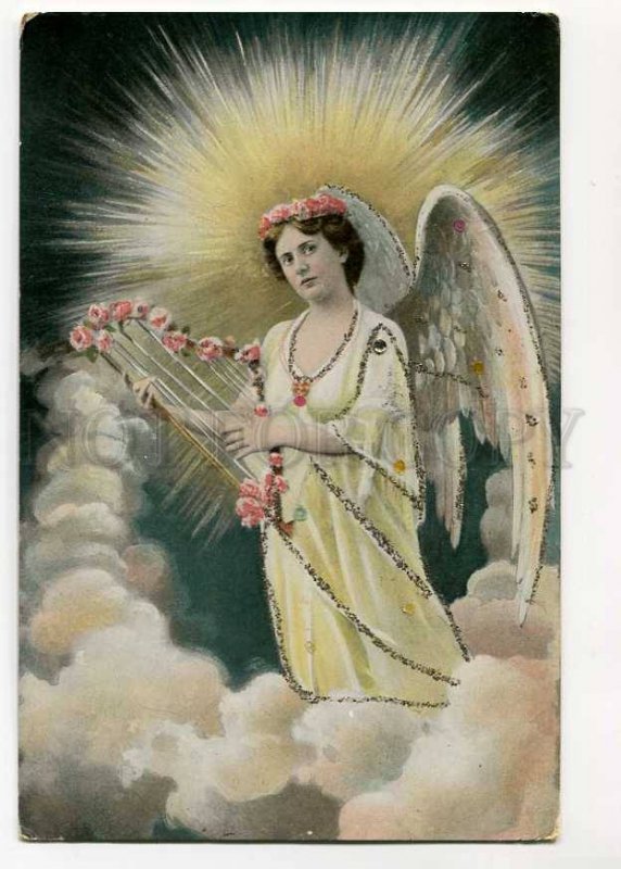 3070091 Winged Lady as ANGEL w/ HARP vintage RPPC 1908 year