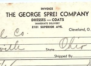 1938 THE GEORGE SPREI COMPANY CLEVELAND OH DRESSES COATS BILLHEAD INVOICE Z3516