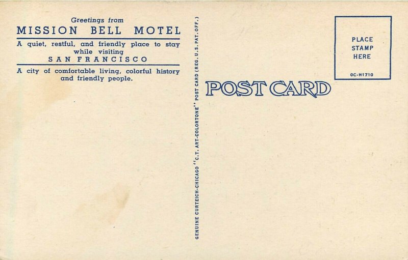 Linen Roadside Postcard; Air View of Mission Bell Motel, San Francisco CA