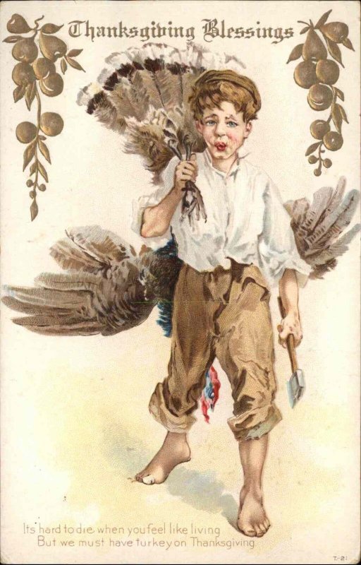 Thanksgiving Young Boy Hunter with Axe and Dead Turkey c1910 Postcard