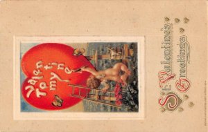 Valentines Greetings Cupid Painting Heart Winsch Vintage Postcard AA31136