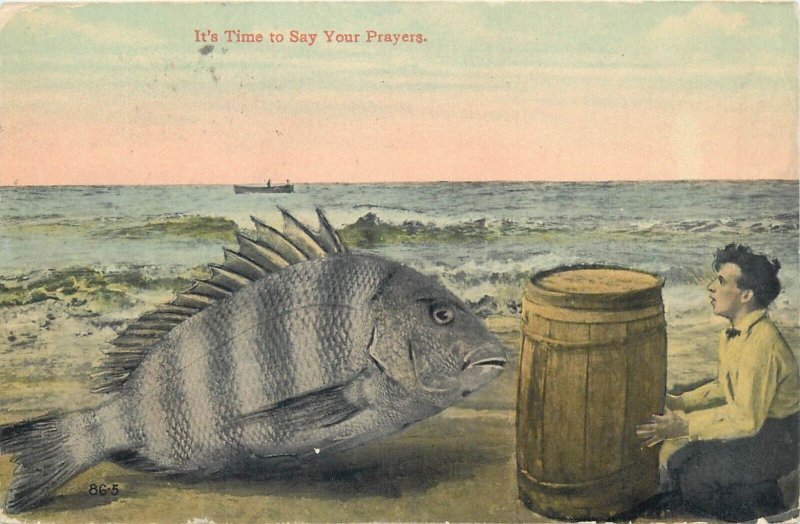 Fishing exaggeration monster freak fishes Troy Maine by J. Herman 1913 postcards 