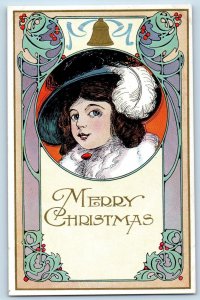 Christmas Postcard Art Nouveau Child Girl Feather Hat Holly Berries Embossed