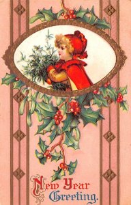 New Year Greeting Child Holding Mistletoe & Holly Unused 