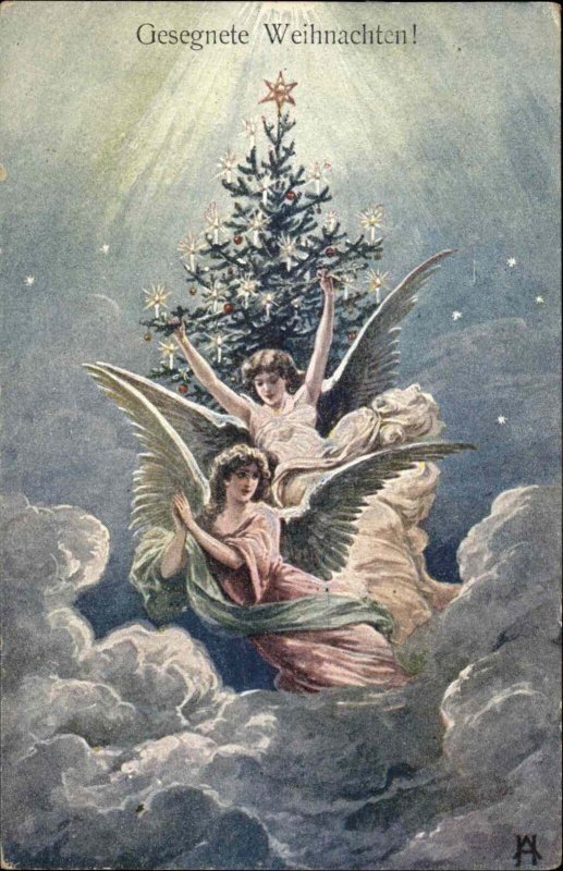 Gesegnete Weihnachten Christmas Young Girl Angels c1910 Vintage Postcard