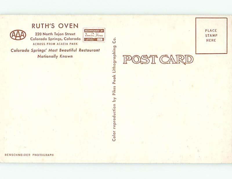 Unused Pre-1980 RUTH'S OVEN RESTAURANT Colorado Springs Colorado CO v6870