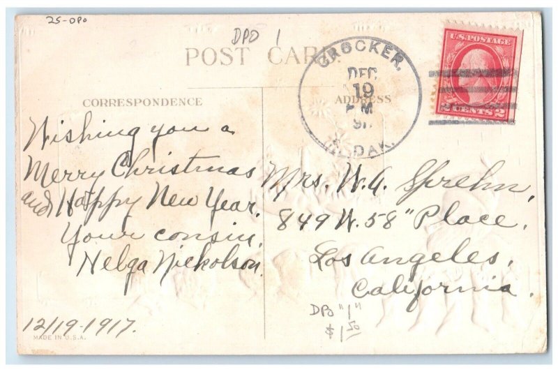 c1910's Christmas Santa Claus Pipe Smoke Children Poinsett Embossed DPO Postcard