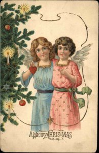 Christmas Beautiful Litlte girl Angels with Heart Tree Ornament c1910 Postcard