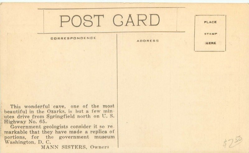 Springfield Missouri Crystal Cave Postcard Unused, Mann Sisters, Electric Light