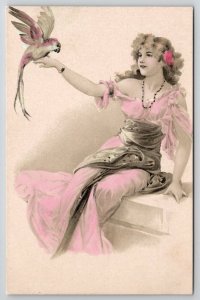 Art Nouveau Woman Goddess Pink Dress With Parrot Hand Colored c1900 Postcard A38