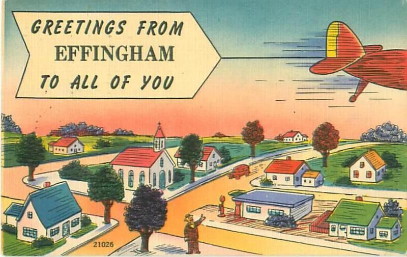 Effingham IN Greetings from Effingham Comic Airplane w/ Banner Vintage Postcard