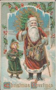 Vintage 1913 Christmas Postcard - Santa Claus Xmas Tree Presents Mistletoe