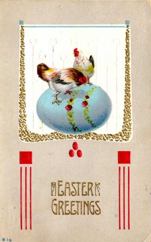 Easter Greetings - Chickens and Decorated Egg  - Embossed - in 1911