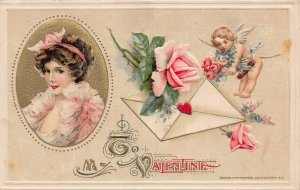 J82/ Valentine's Day Love c1910 Postcard John Winsch Cupid Woman 209