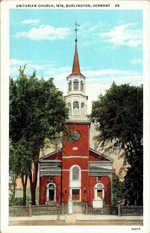 Unitarian Church Burlington Vermont VT WB Postcard VTG UNP Unused Vintage CT Art 