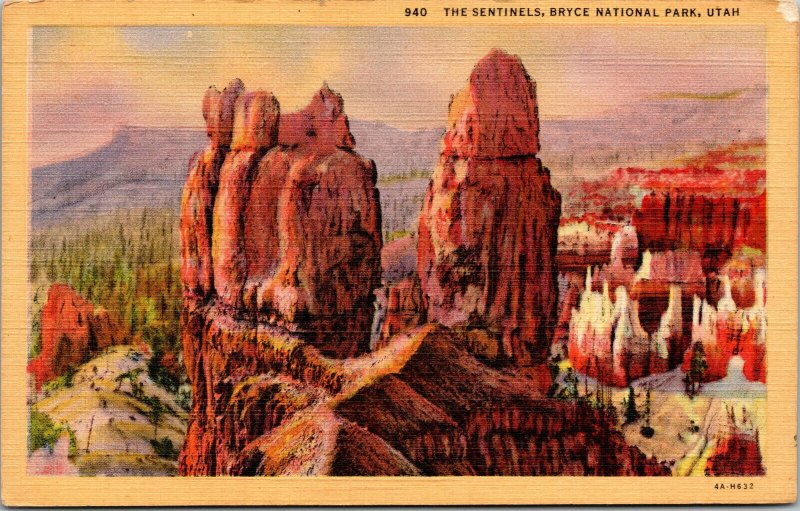 Vtg 1930s The Sentinels Bryce National Park Utah UT Linen Postcard