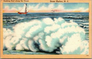 Vtg 1940s Surf Along Coast Sailboat Steamer Stone Harbor New Jersey NJ Postcard