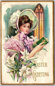 1911 Easter Greetings Pretty Face Girl Bible Reading Wishes Card Posted Postcard