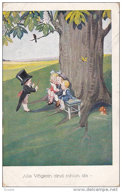 Alle Voglein sind schon da, Boy conductor children singing sitting under tree...