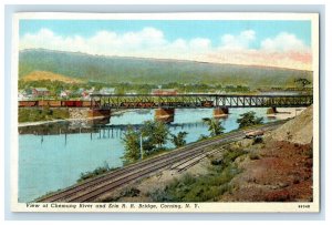 c1930's View Of Chemung River And Erie R. R. Bridge Corning New York NY Postcard