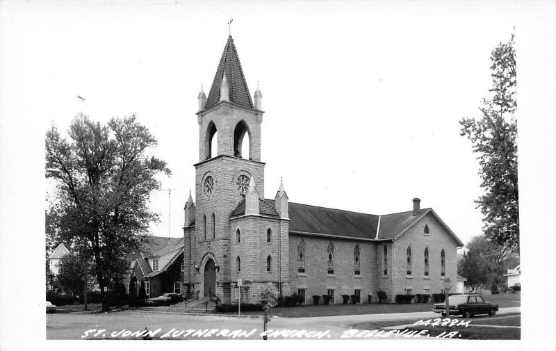 Bellevue Iowa~St John Lutheran Church~RPPC~1960s Cars